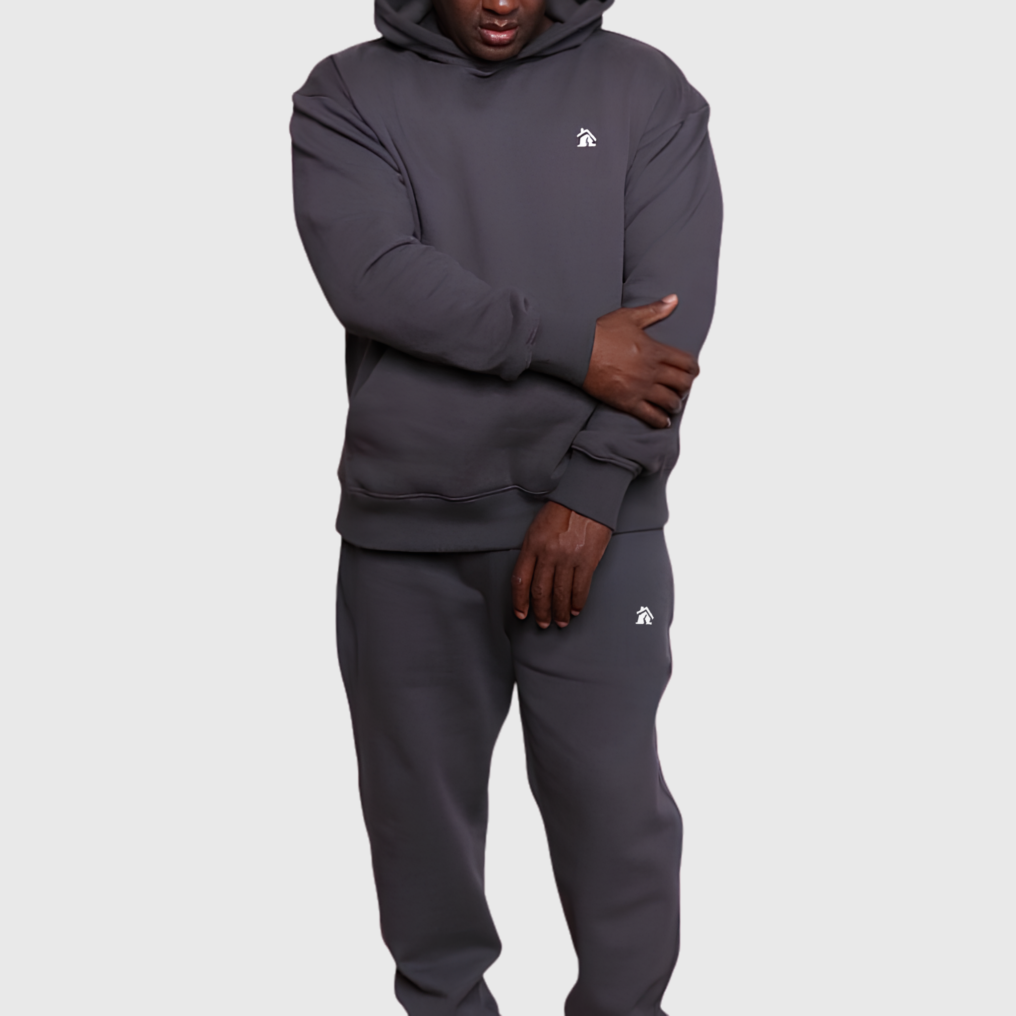 CRIB WEAR- "HOUSE LOGO" PREMIUM HEAVYWEIGHT FLEECE JOGGER SET (SHADOW GRAY / WHITE) EMBROIDERY