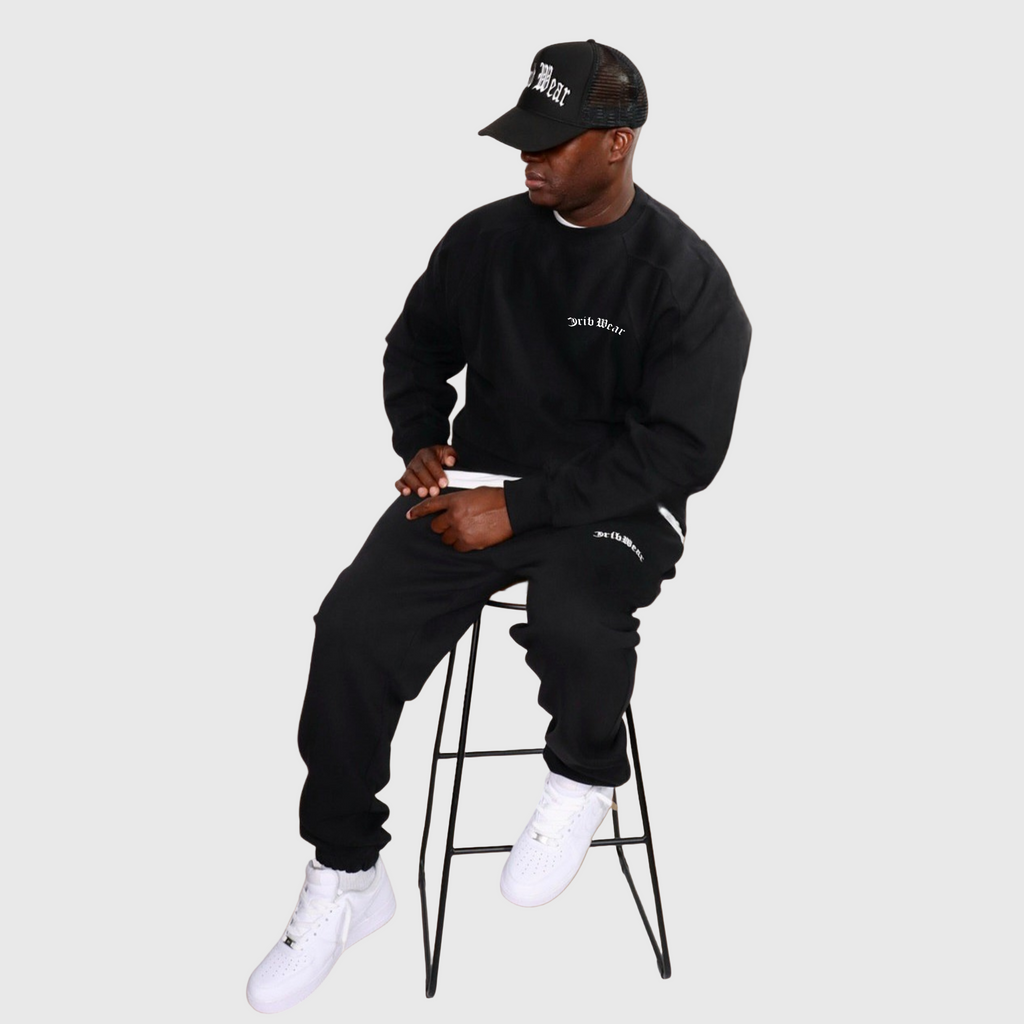 "CRIB WEAR"- HEAVYWEIGHT OVERSIZED CREWNECK (BLACK / WHITE) EMBROIDERY