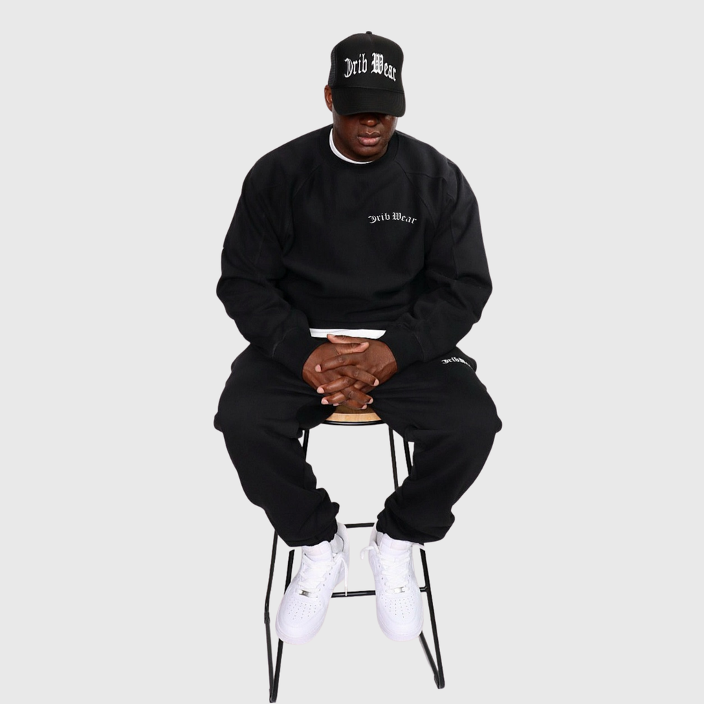 "CRIB WEAR"- HEAVYWEIGHT OVERSIZED CREWNECK (BLACK / WHITE) EMBROIDERY