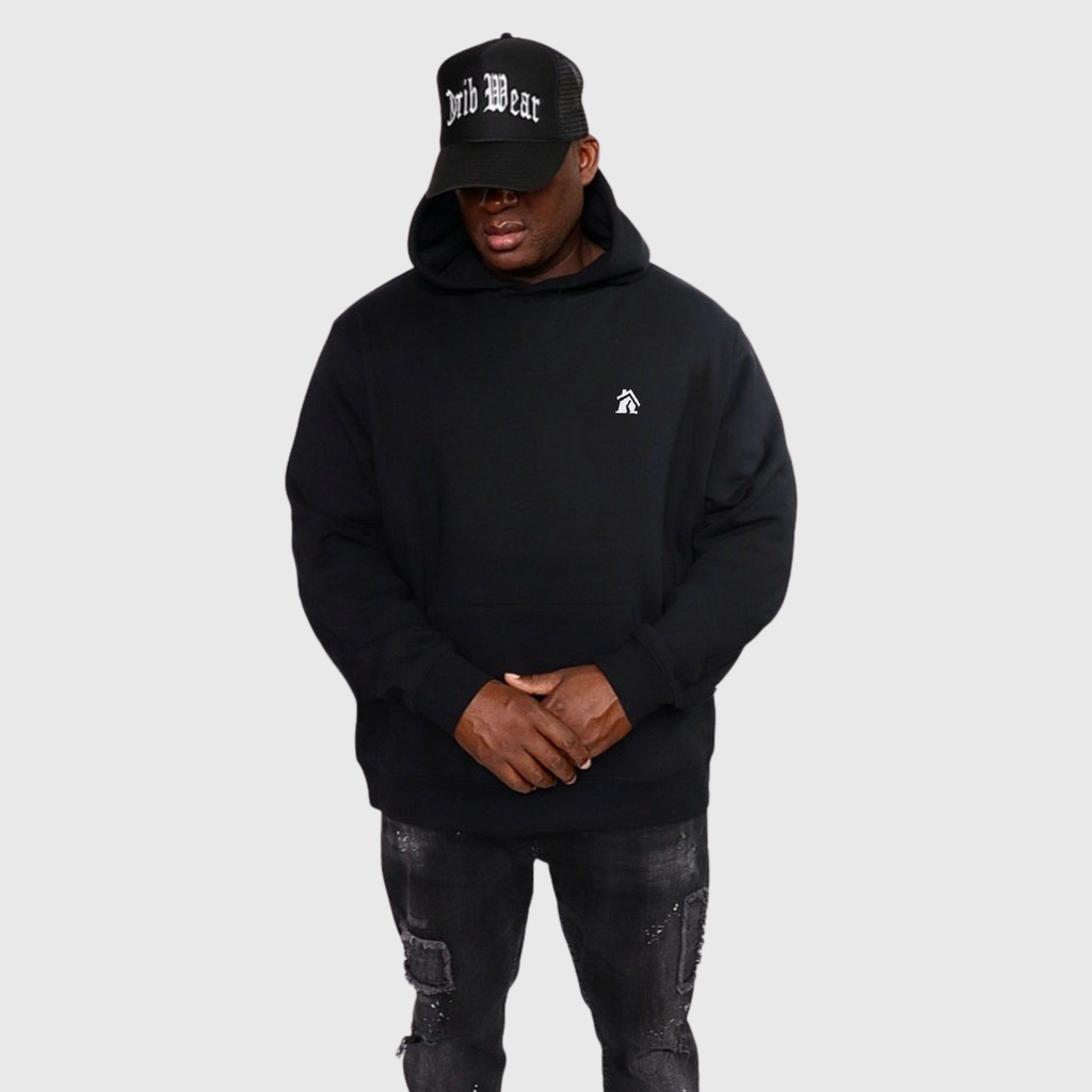 CRIB WEAR- "HOUSE LOGO" HEAVYWEIGHT OVERSIZED HOODIE (BLACK / WHITE) EMBROIDERY