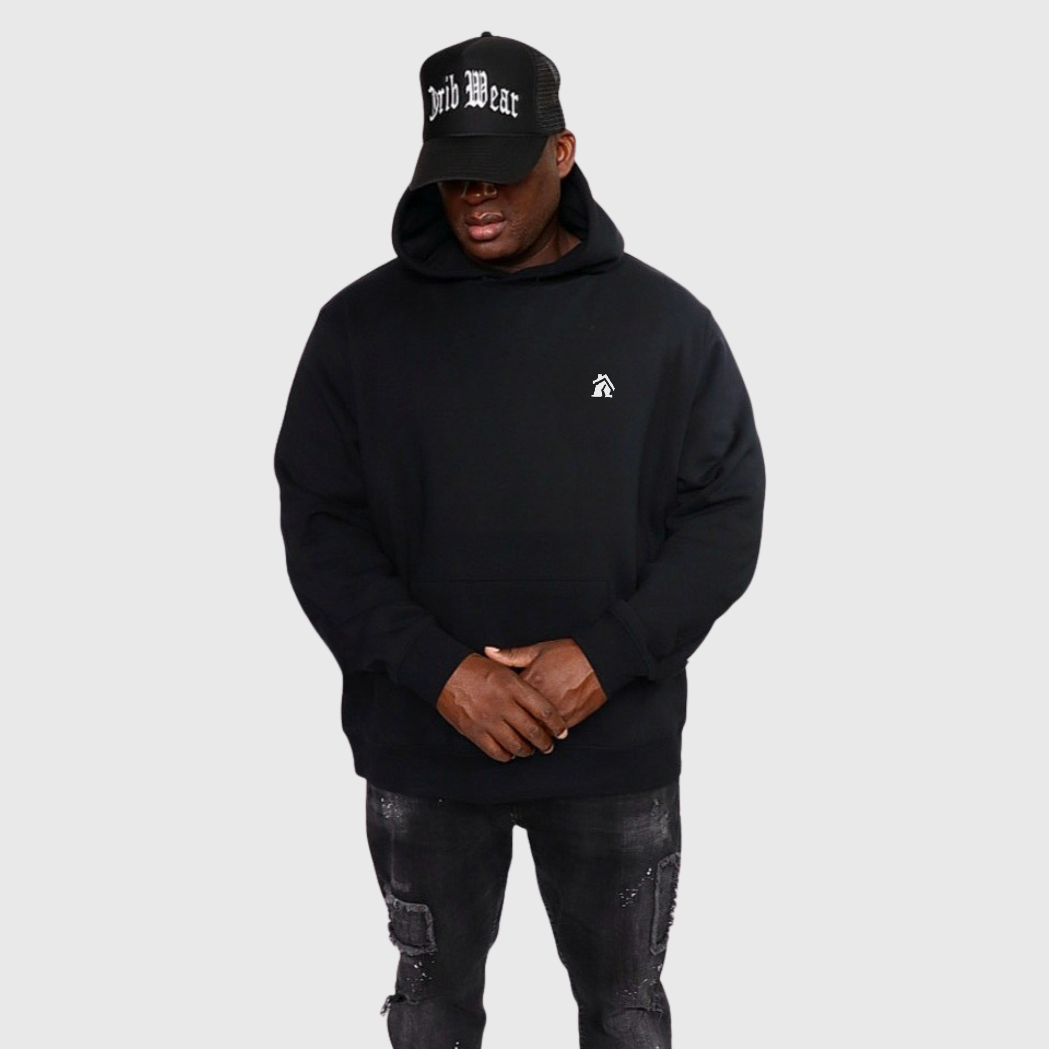 CRIB WEAR- "HOUSE LOGO" HEAVYWEIGHT OVERSIZED HOODIE (BLACK / WHITE) EMBROIDERY