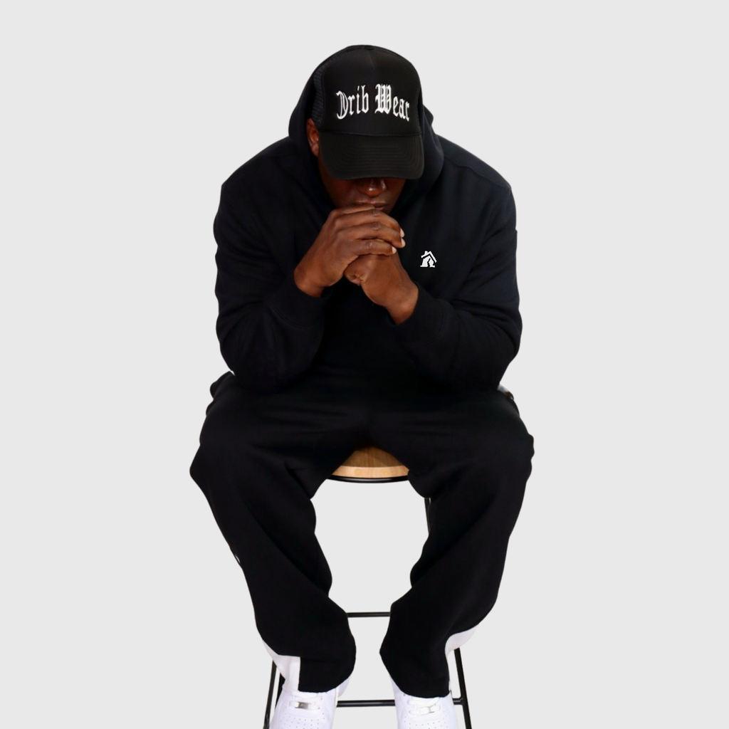 CRIB WEAR- "HOUSE LOGO" HEAVYWEIGHT OVERSIZED HOODIE (BLACK / WHITE) EMBROIDERY