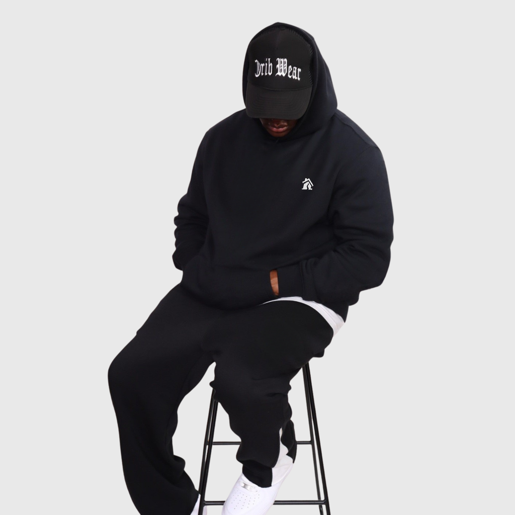 CRIB WEAR- "HOUSE LOGO" HEAVYWEIGHT OVERSIZED HOODIE (BLACK / WHITE) EMBROIDERY