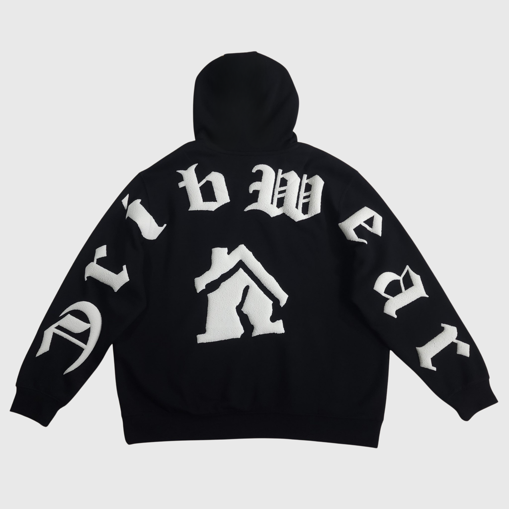 "CRIB WEAR"- HEAVYWEIGHT OVERSIZED FLEECE HOODIE (BLACK / WHITE) 3D PUFF