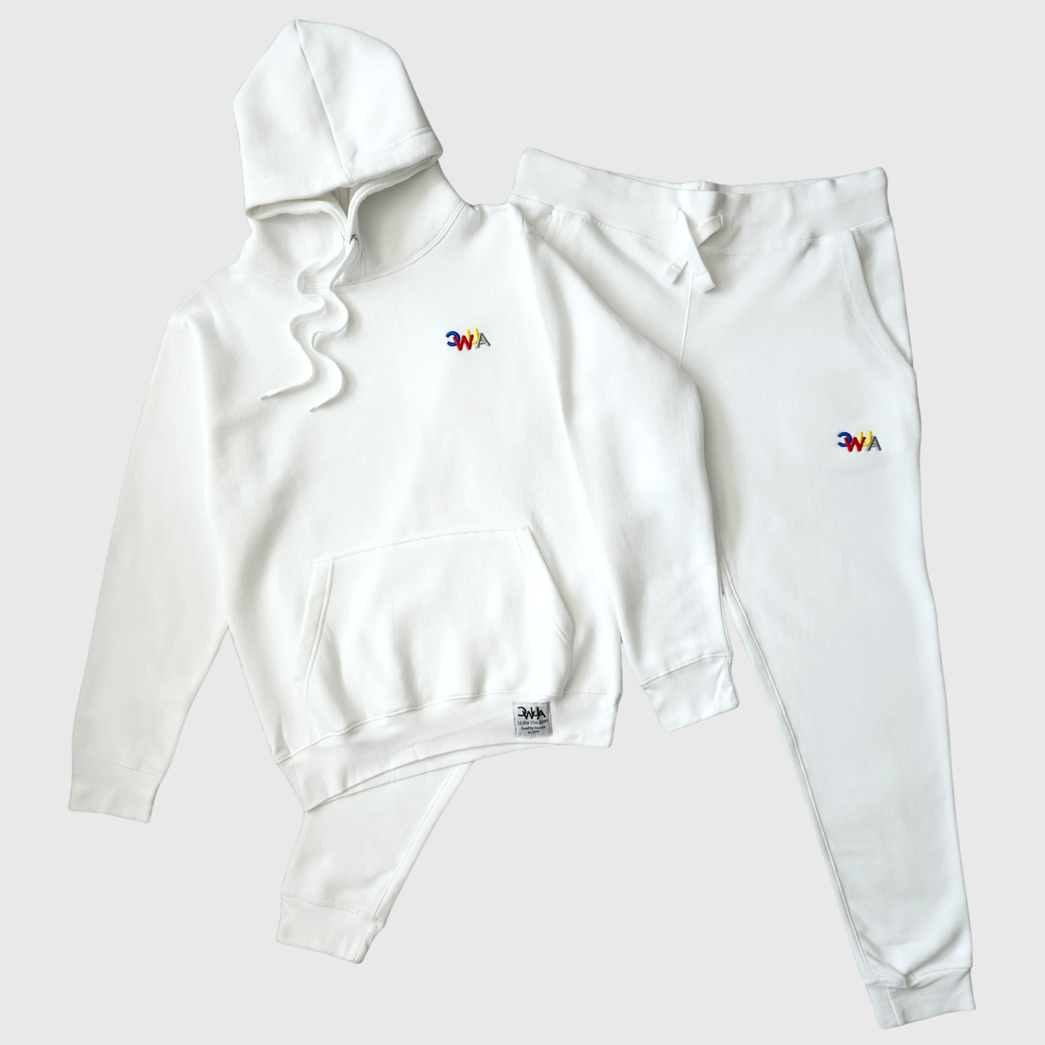 "CWUA"- PREMIUM HOODIE JOGGER SET SIGNATURE LOGO (WHITE / MULTI) 3D PUFF EMBROIDERY