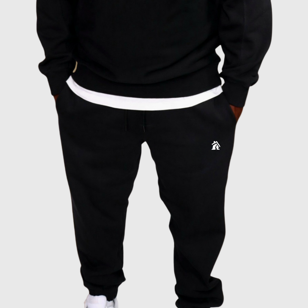 CRIB WEAR- " HOUSE LOGO" HEAVYWEIGHT JOGGERS BLACK / WHITE EMBROIDERY