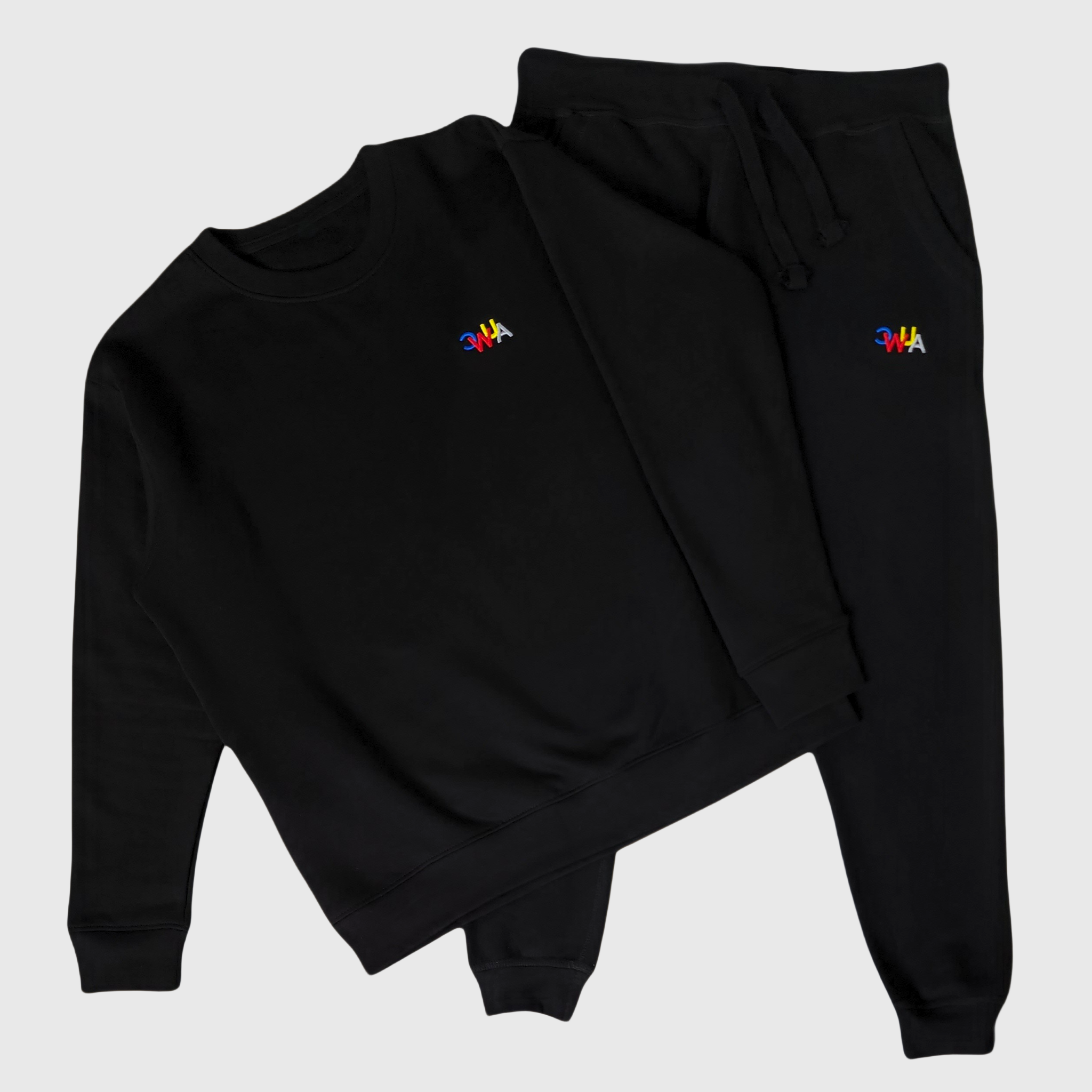 "CWUA"- PREMIUM CREWNECK JOGGER SET SIGNATURE LOGO (BLACK / MULTI) 3D PUFF EMBROIDERY