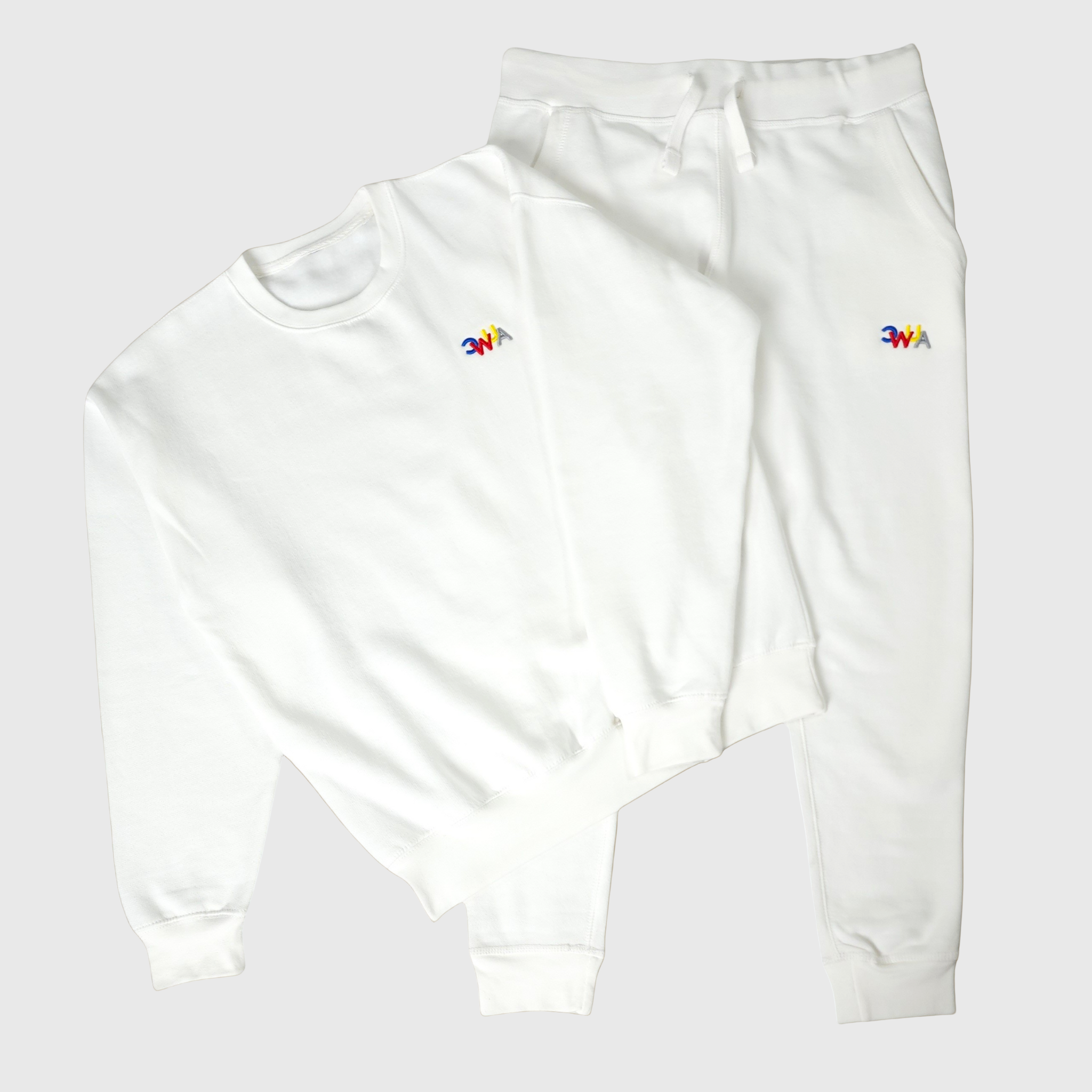 "CWUA"- PREMIUM CREWNECK JOGGER SET SIGNATURE LOGO (WHITE / MULTI) 3D PUFF EMBROIDERY