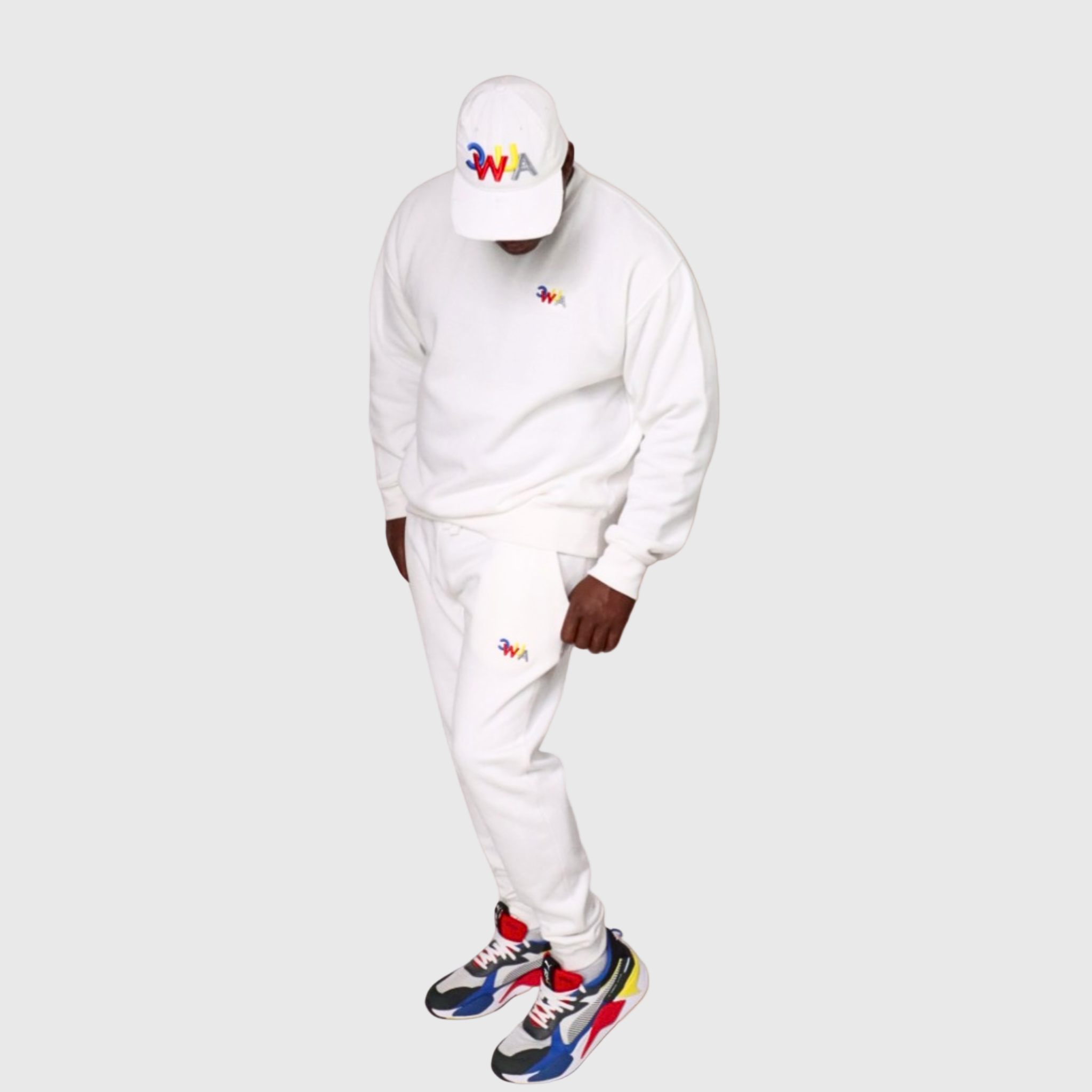 "CWUA"- PREMIUM CREWNECK JOGGER SET SIGNATURE LOGO (WHITE / MULTI) 3D PUFF EMBROIDERY