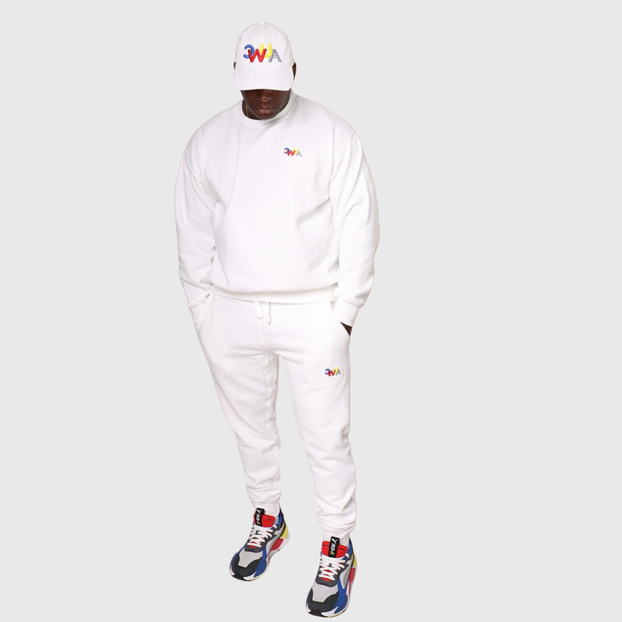 "CWUA"- PREMIUM CREWNECK JOGGER SET SIGNATURE LOGO (WHITE / MULTI) 3D PUFF EMBROIDERY