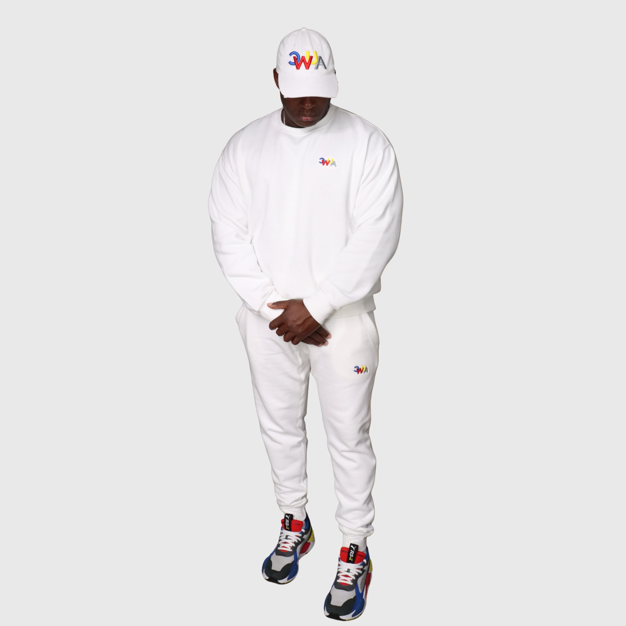 "CWUA"- PREMIUM CREWNECK JOGGER SET SIGNATURE LOGO (WHITE / MULTI) 3D PUFF EMBROIDERY