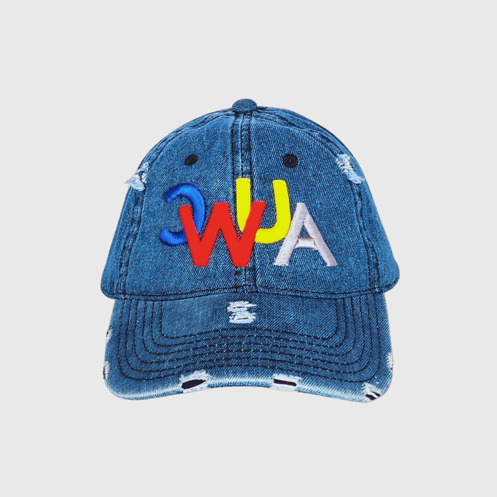 "CWUA"- DISTRESSED DAD HAT SIGNATURE LOGO (DENIM / MULTI) 3D PUFF