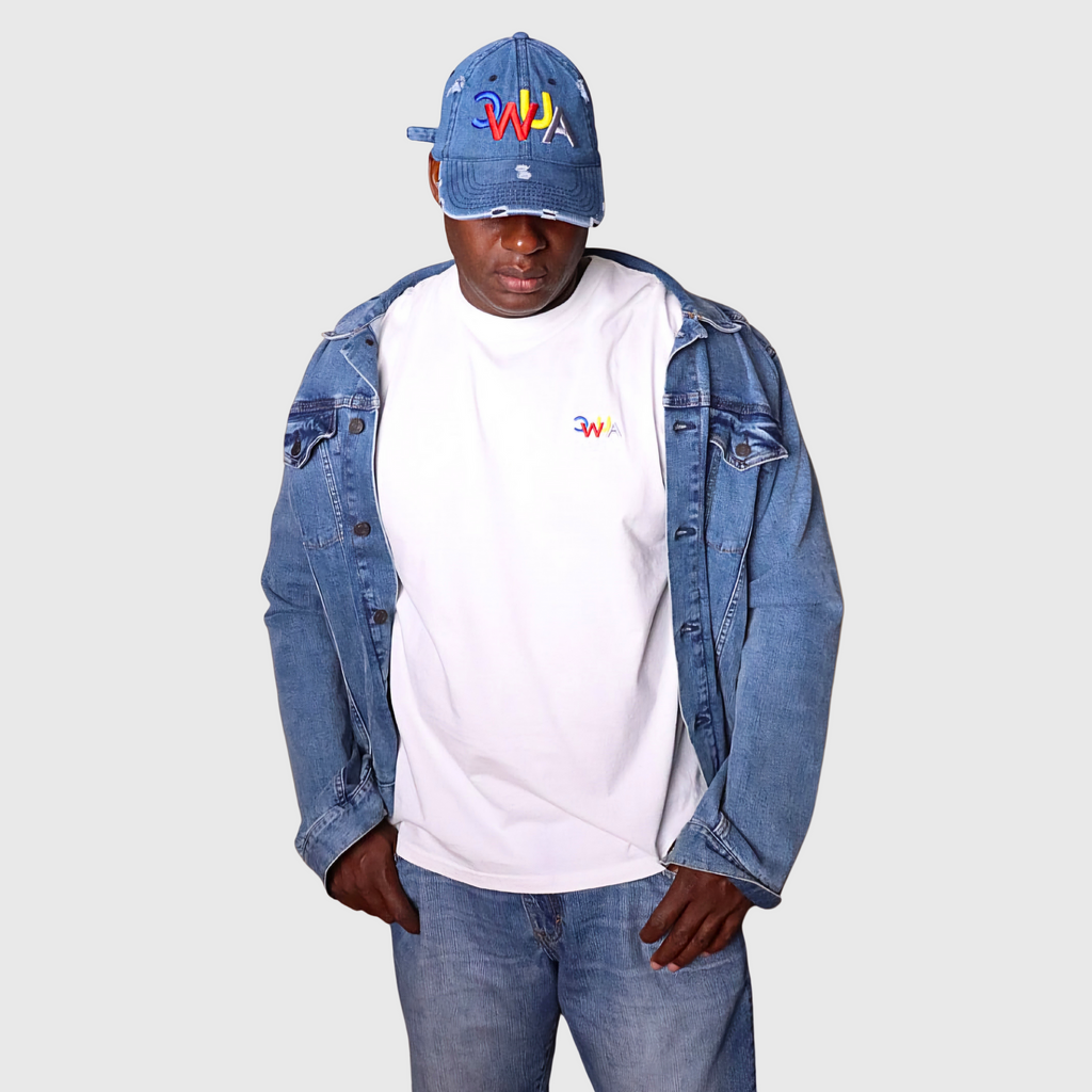 "CWUA"- DISTRESSED DAD HAT SIGNATURE LOGO (DENIM / MULTI) 3D PUFF