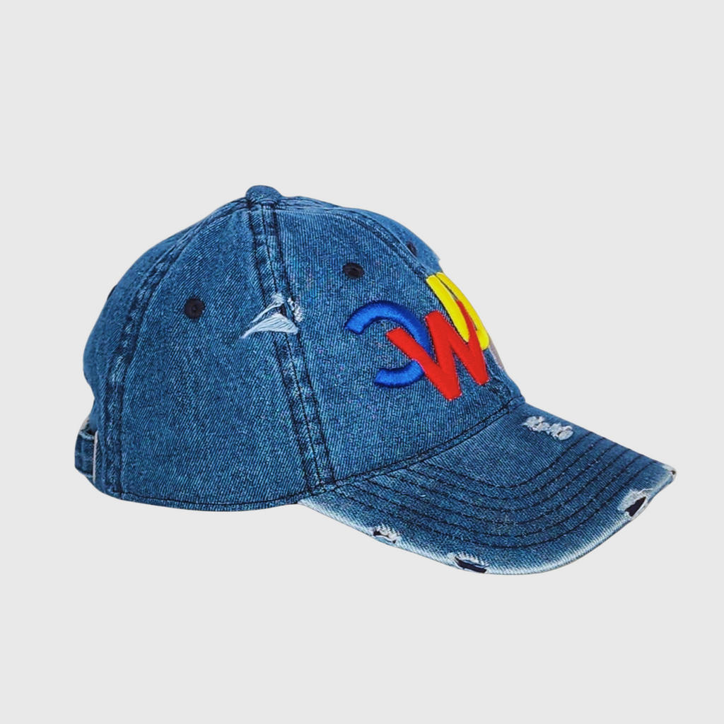 "CWUA"- DISTRESSED DAD HAT SIGNATURE LOGO (DENIM / MULTI) 3D PUFF