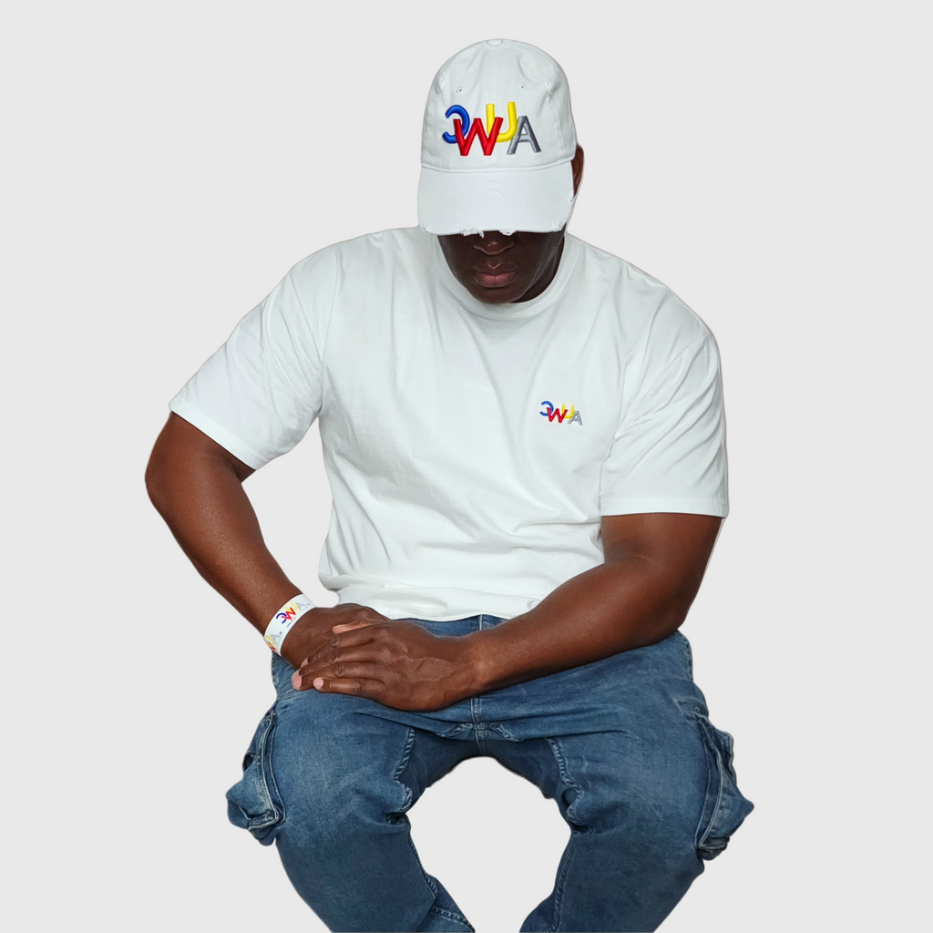 "CWUA"- DISTRESSED DAD HAT SIGNATURE LOGO (WHITE / MULTI) 3D PUFF