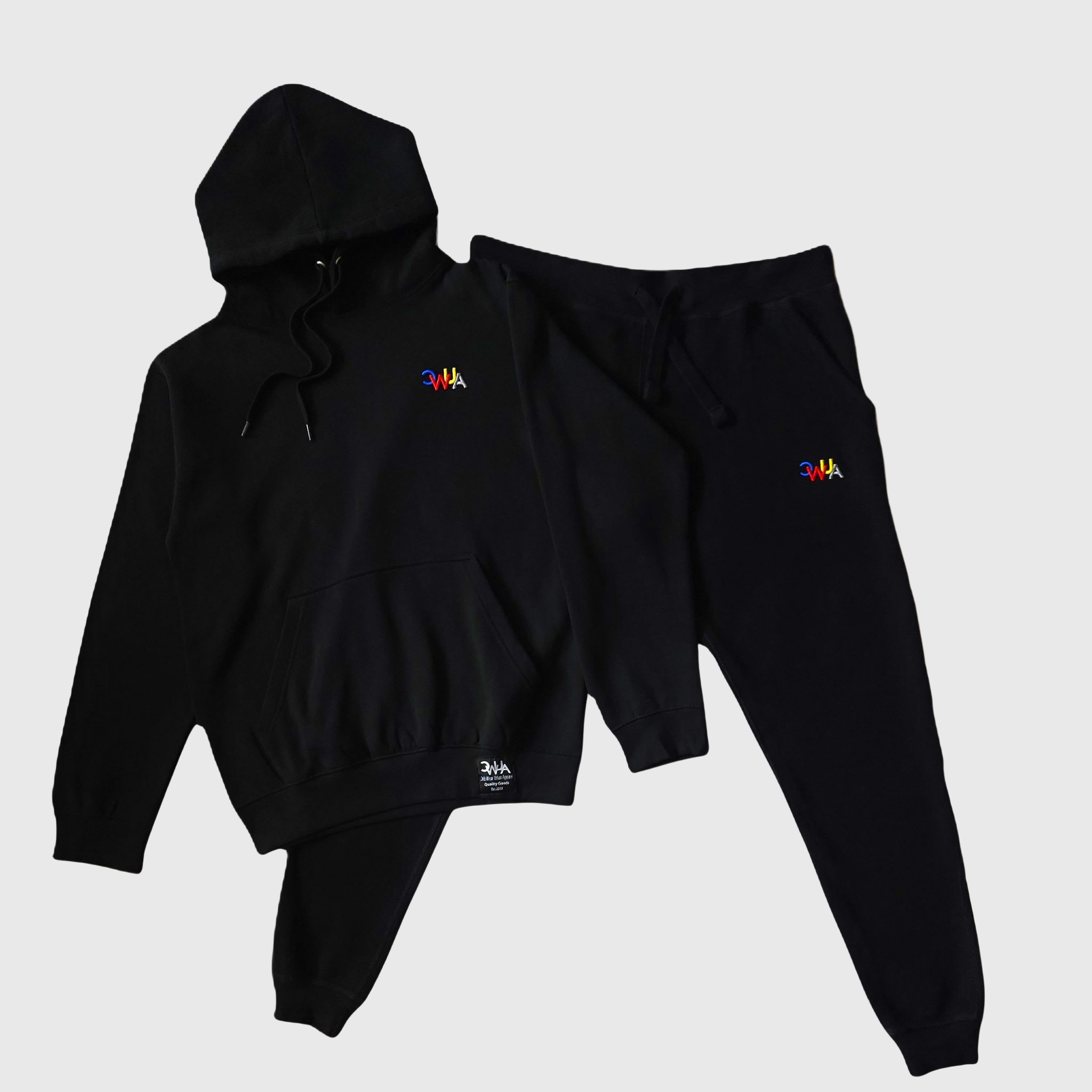 "CWUA"- PREMIUM HOODIE JOGGER SET SIGNATURE LOGO (BLACK / MULTI) 3D PUFF EMBROIDERY