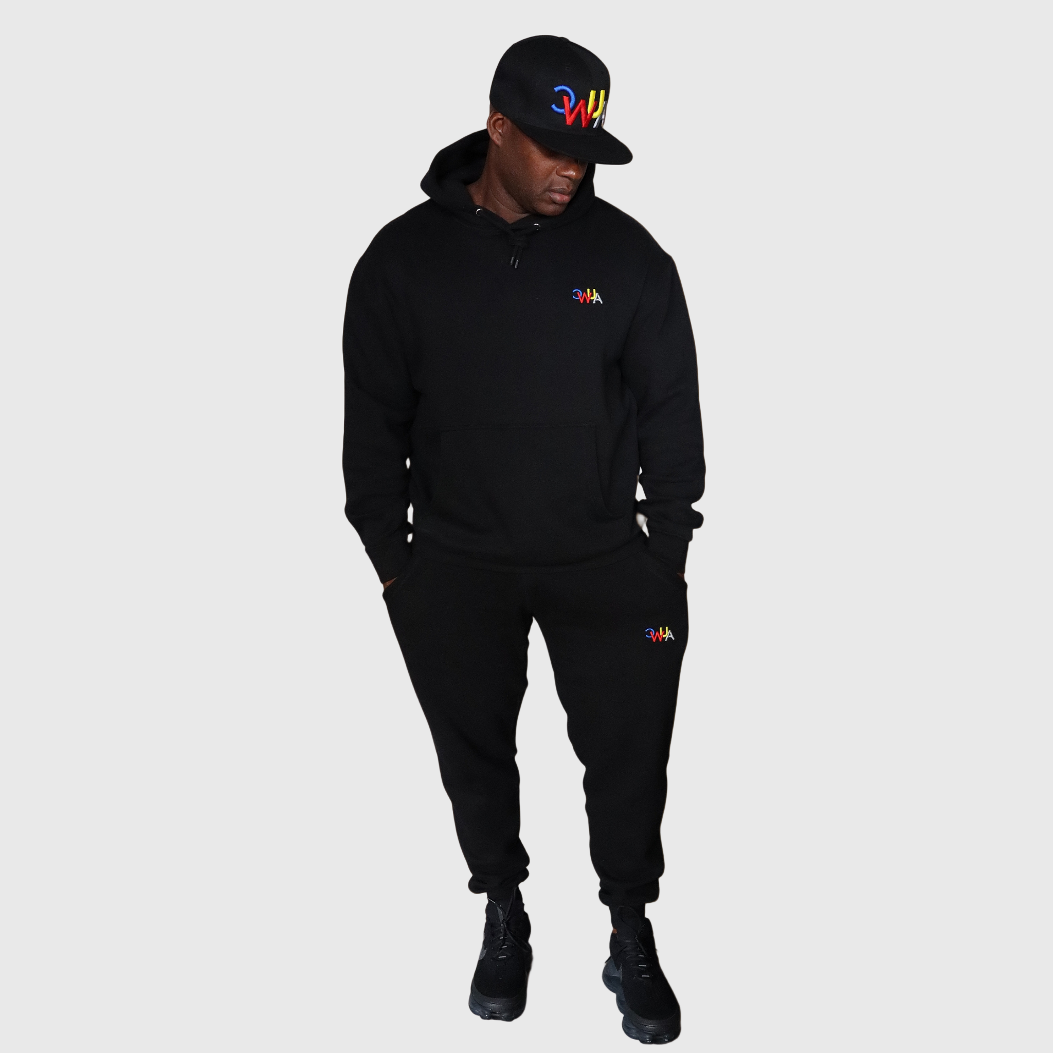 "CWUA"- PREMIUM HOODIE JOGGER SET SIGNATURE LOGO (BLACK / MULTI) 3D PUFF EMBROIDERY