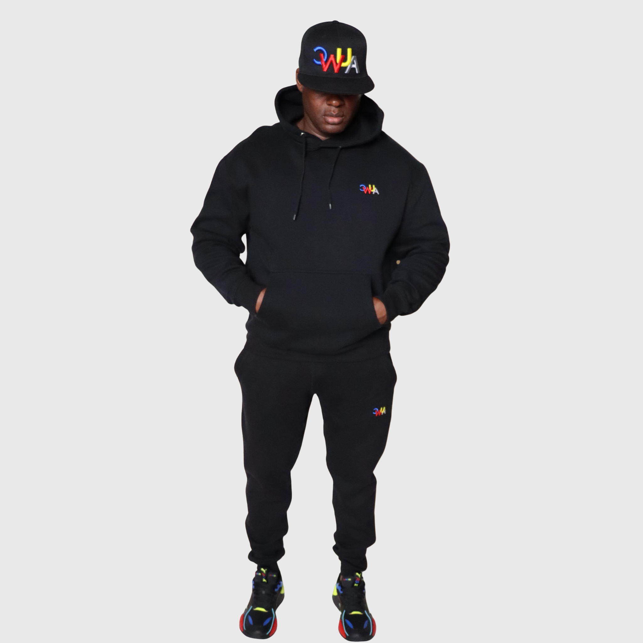 "CWUA"- PREMIUM HOODIE JOGGER SET SIGNATURE LOGO (BLACK / MULTI) 3D PUFF EMBROIDERY