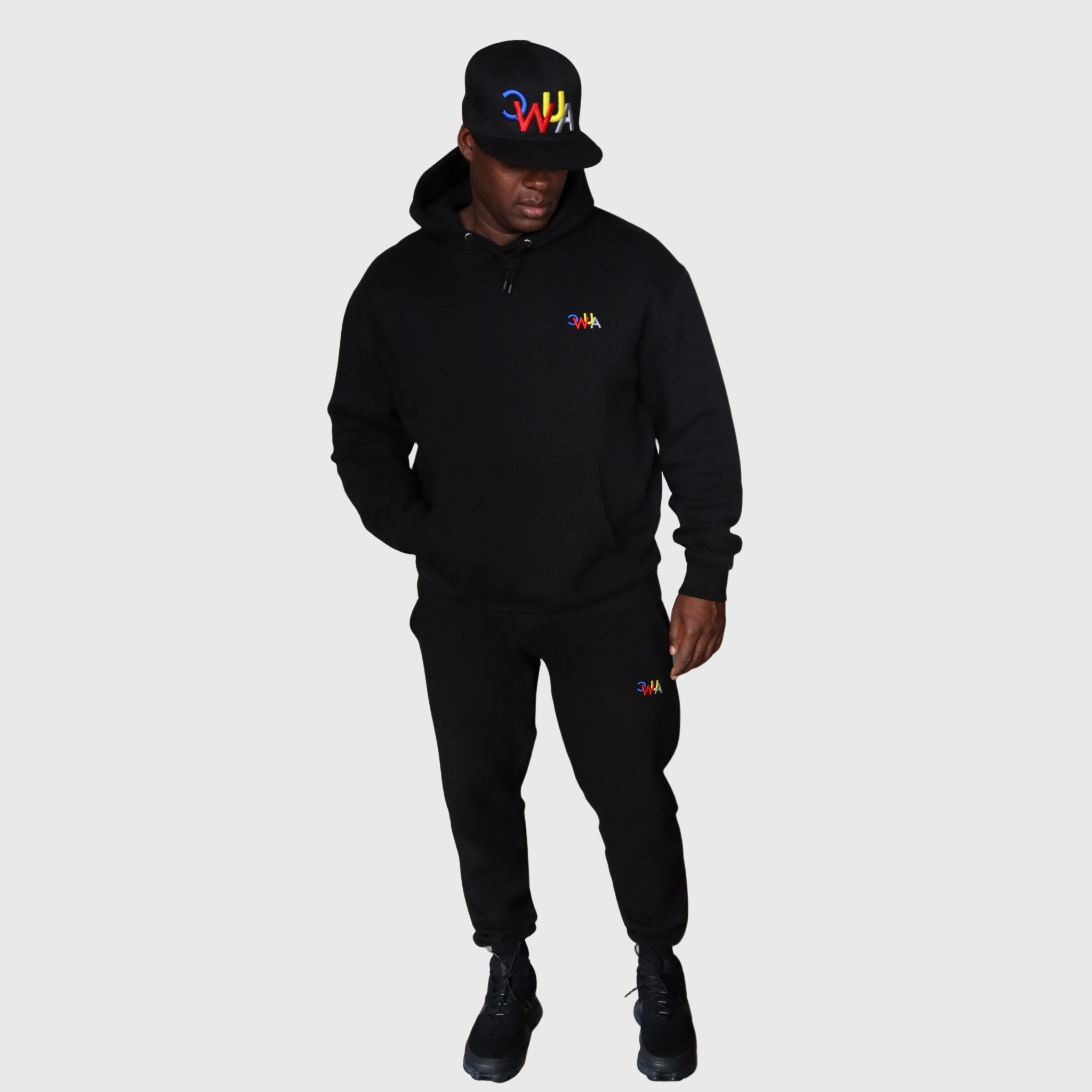 "CWUA"- PREMIUM HOODIE JOGGER SET SIGNATURE LOGO (BLACK / MULTI) 3D PUFF EMBROIDERY