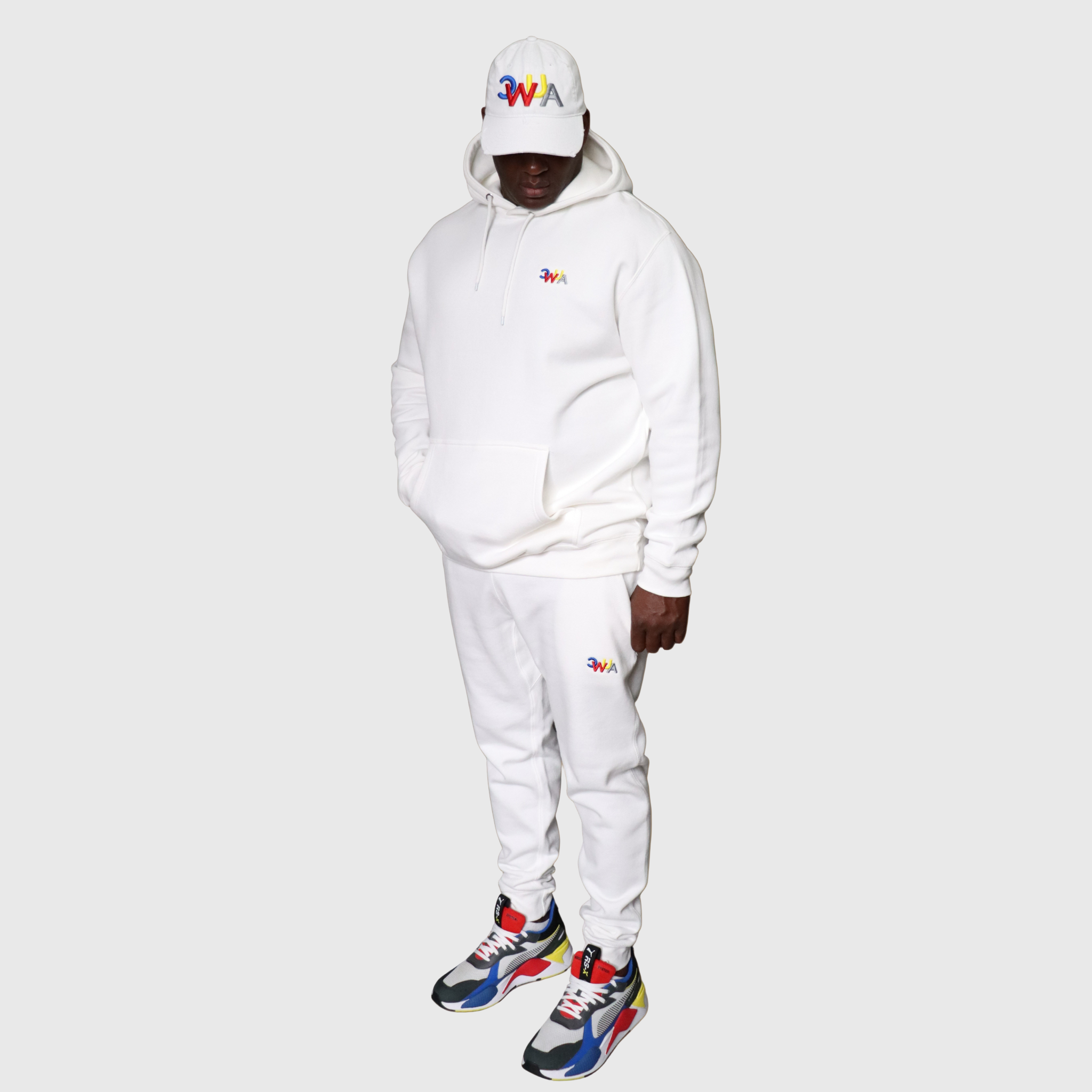 "CWUA"- PREMIUM HOODIE JOGGER SET SIGNATURE LOGO (WHITE / MULTI) 3D PUFF EMBROIDERY