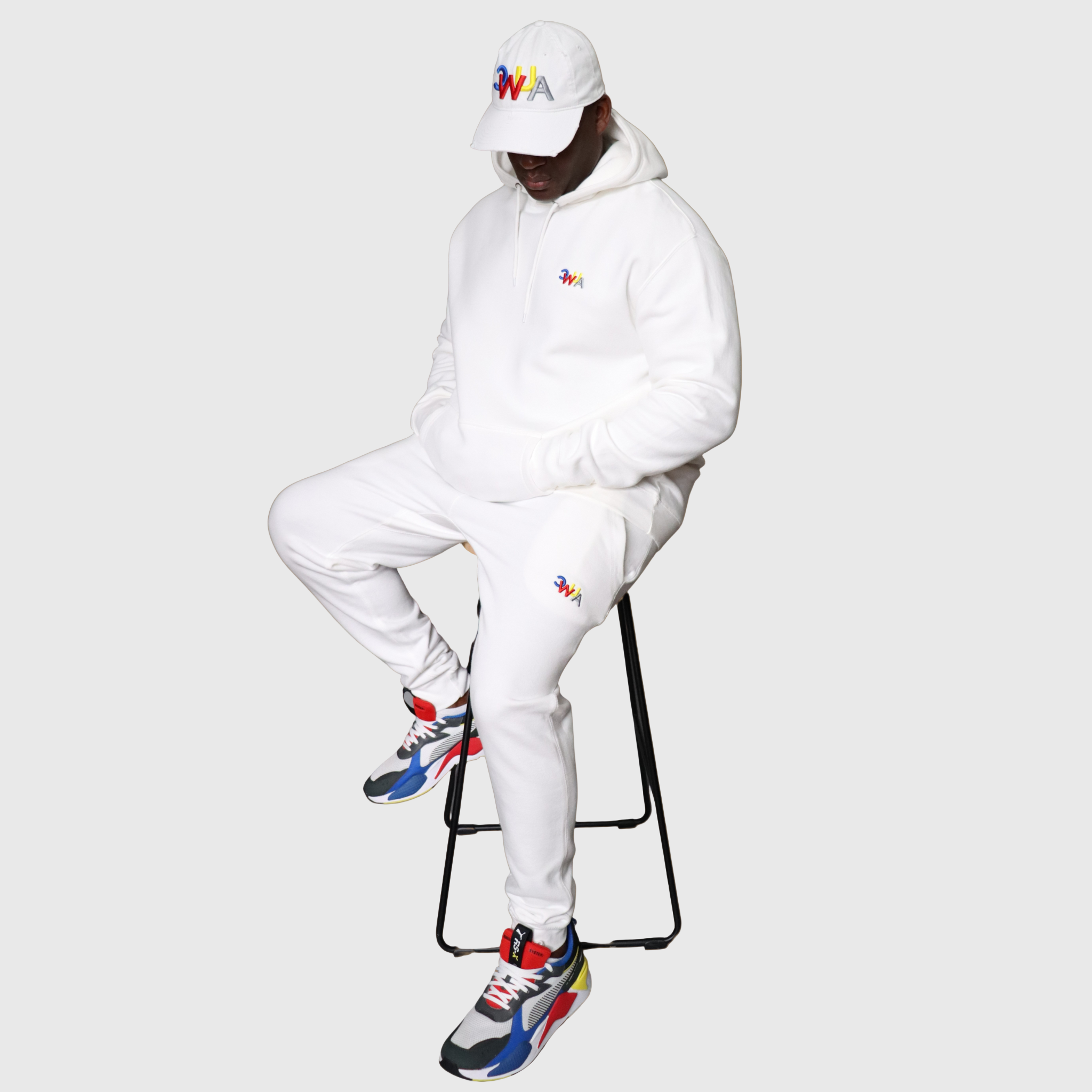 "CWUA"- PREMIUM HOODIE JOGGER SET SIGNATURE LOGO (WHITE / MULTI) 3D PUFF EMBROIDERY